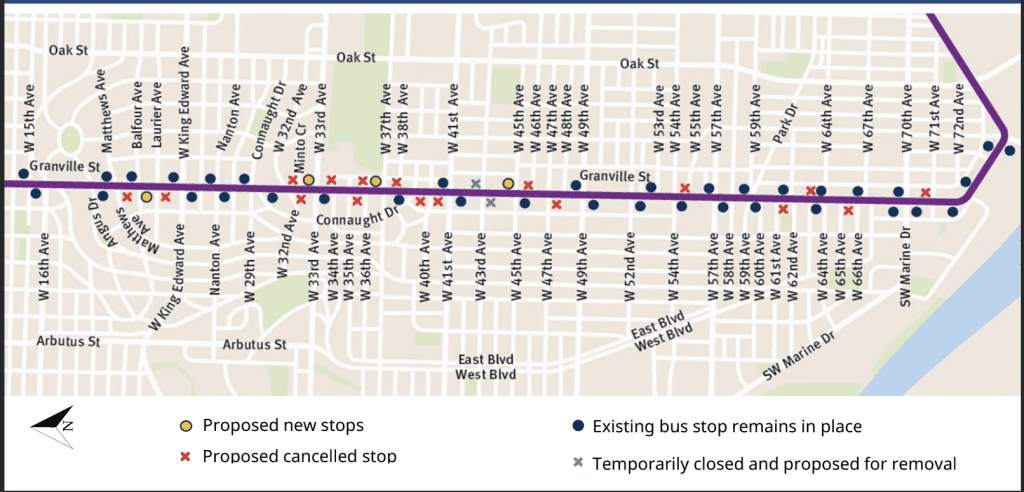 Diagram of proposed bus stop removals and relocations along Granville Street.